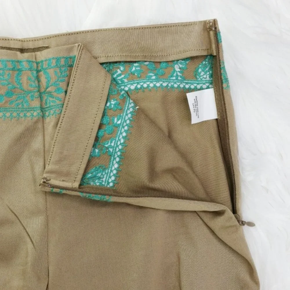 J. CREW Tan Cropped Ankle Pants Mint Green Embroidery - Picture 2 of 4